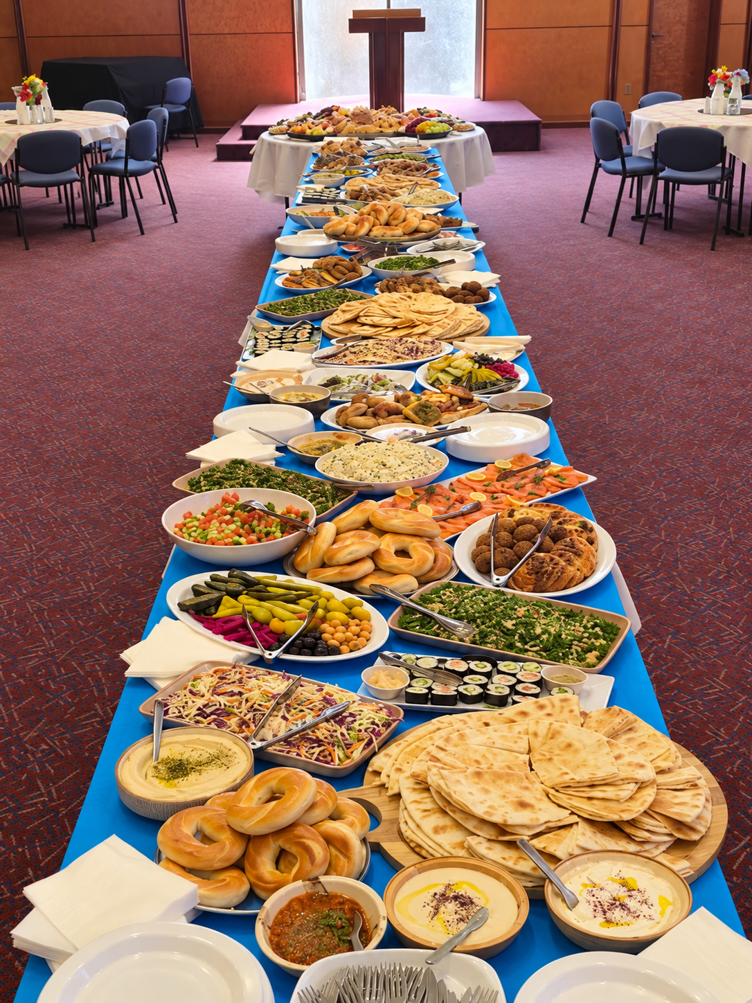 Middle Eastern Buffet dishes including falafel, manoush, hummus, labneh and fresh fruit