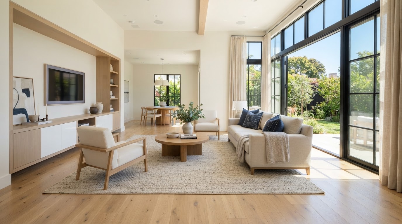 Spotless, sunlit living room professionally cleaned by Elevate Clean Pro