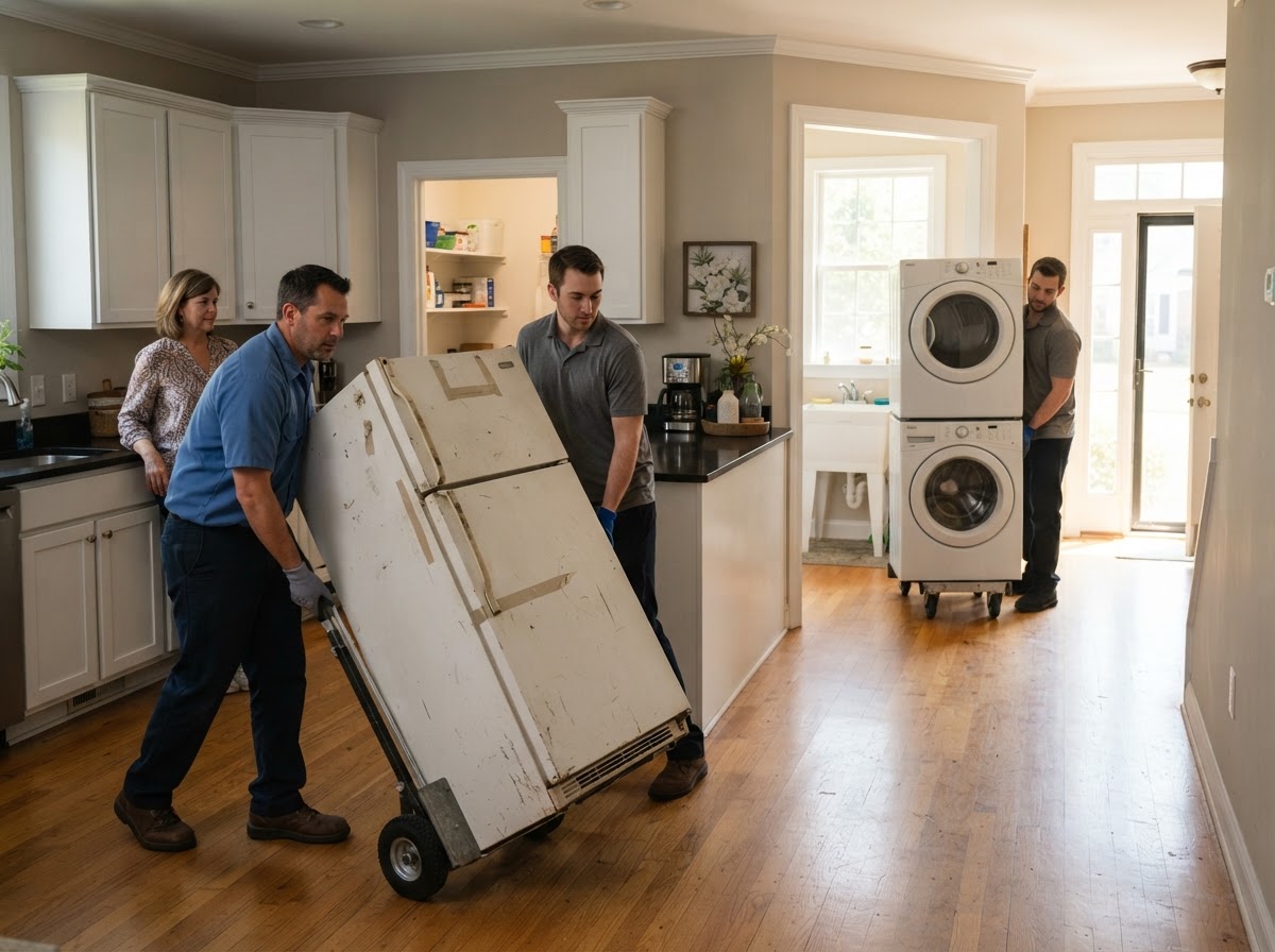 Large household appliance staged for removal and disposal pickup in a Frankfort property