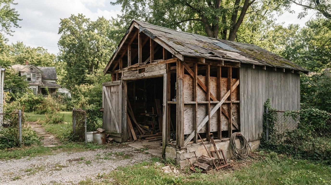 Garage storage area with accumulated boxes and bulky belongings staged for cleanout near Mulberry, Indiana