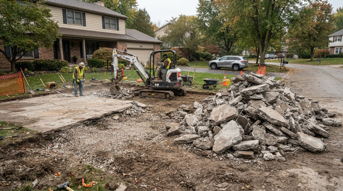 Residential concrete driveway demolition project showing broken concrete sections staged for removal in Frankfort, Indiana