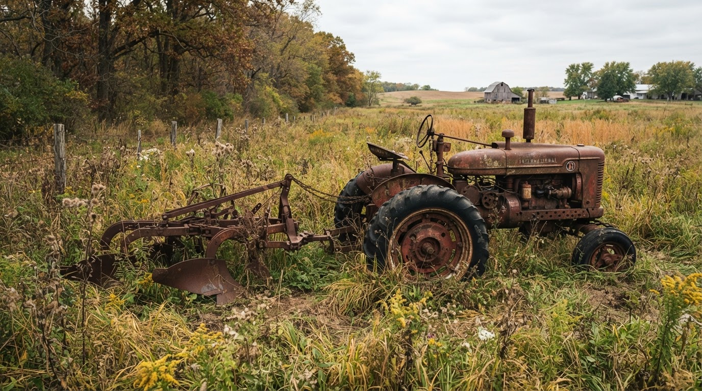 Retired farm implement and obsolete agricultural machinery resting in a rural Indiana field near Frankfort awaiting removal assessment