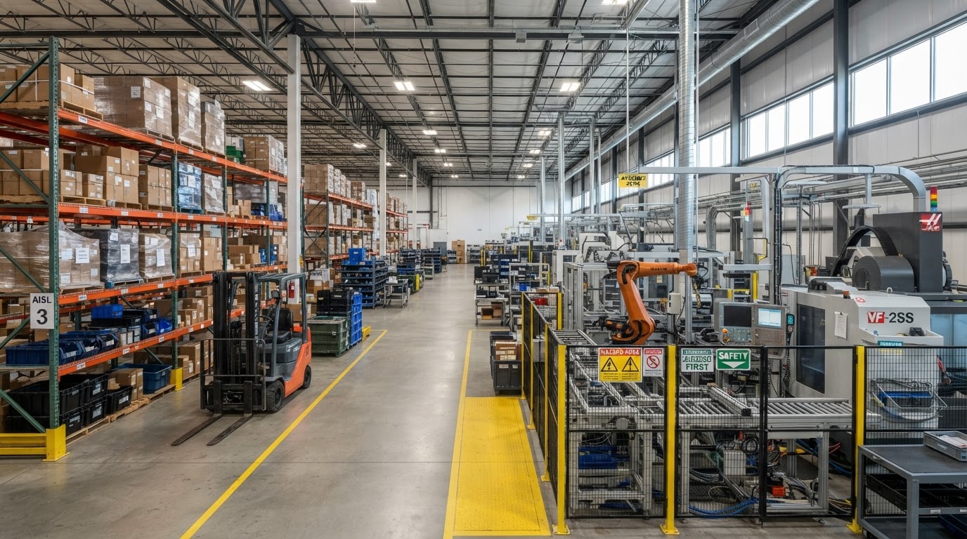 Manufacturing facility interior with storage areas and nonhazardous unused business materials awaiting an industrial plant cleanout near Frankfort