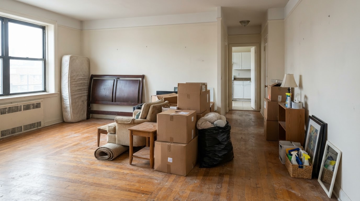 Rental property or apartment cleanout scene showing furniture, boxes, and approved unwanted materials in a vacant unit near Lebanon, Indiana