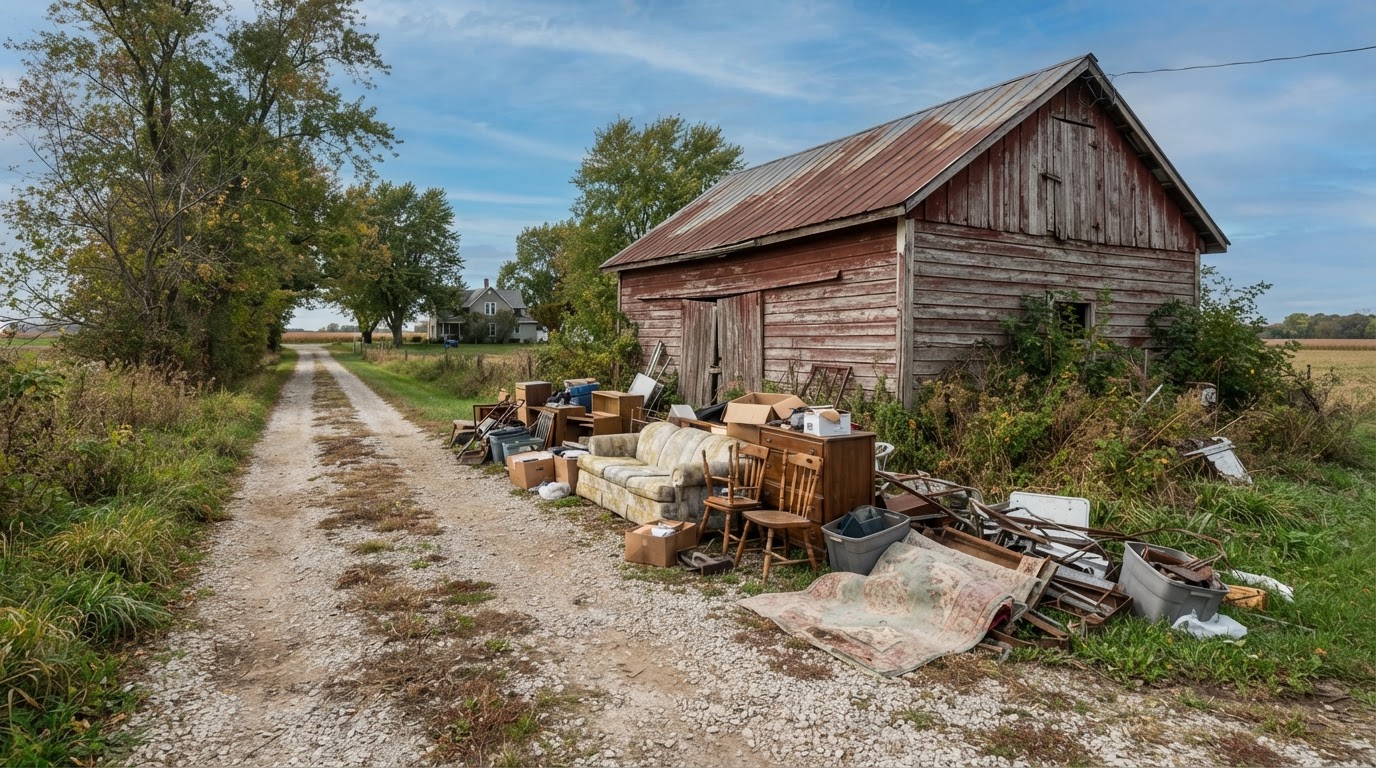 Rural residential property or farmstead storage cleanout showing unwanted household materials near a weathered outbuilding near Waveland, Indiana