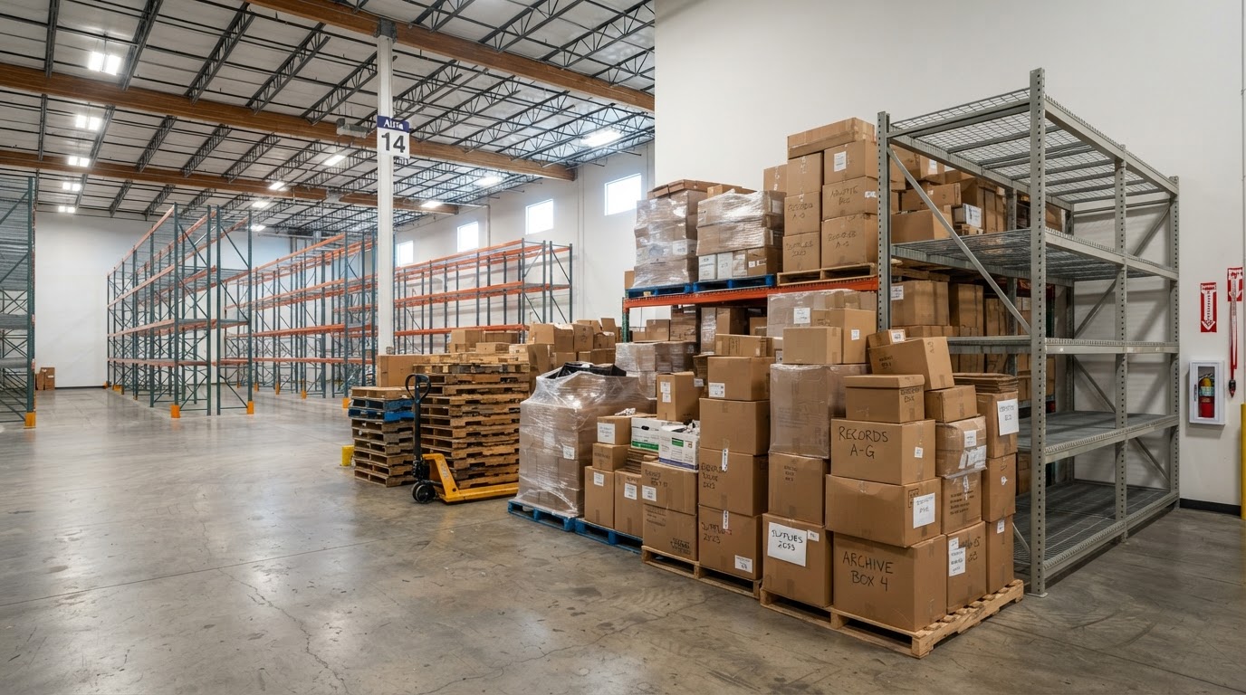 Commercial warehouse interior cleanout scene showing palletized materials, stacked boxes, and business storage contents in a large industrial space near Whitestown, Indiana