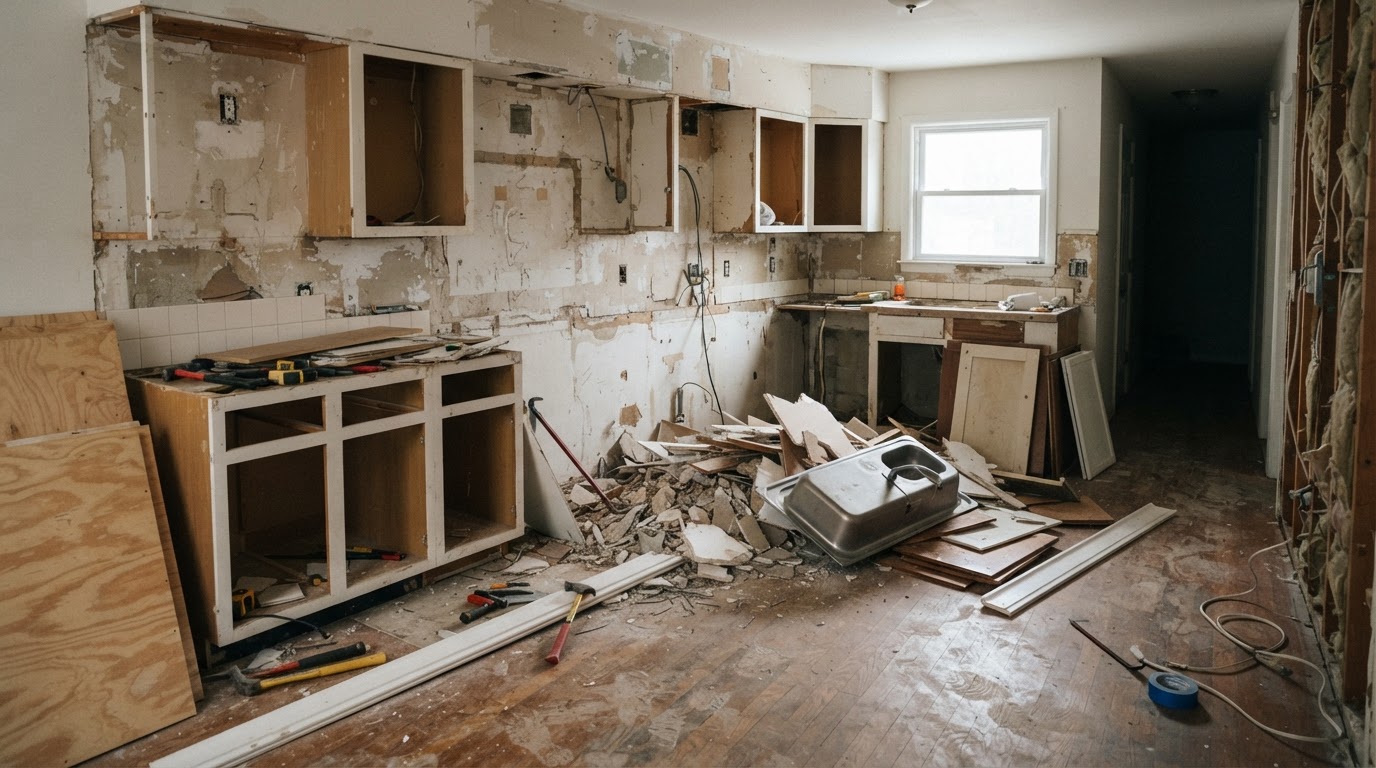 Partially stripped kitchen during renovation showing removed cabinets and exposed wall where countertops and backsplash were removed in Frankfort, Indiana