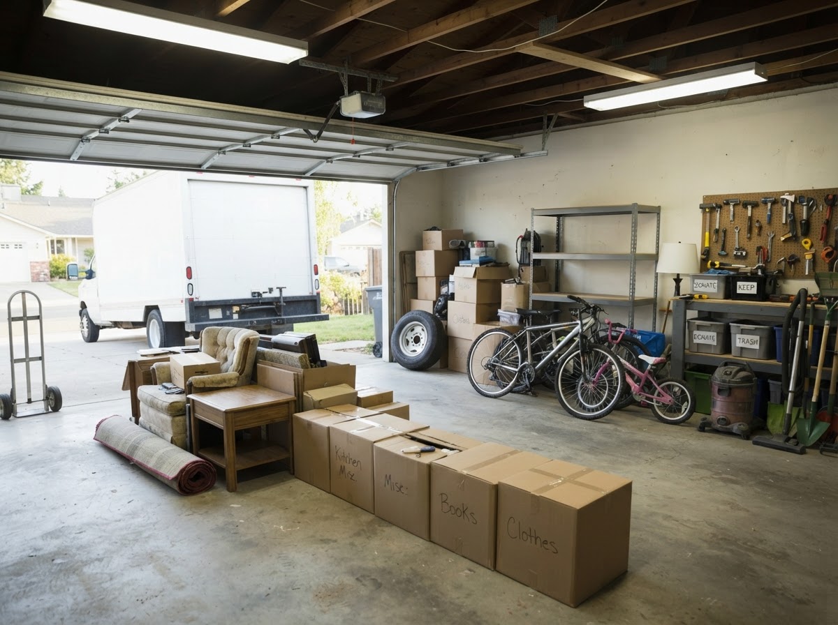 Cluttered residential garage being cleared and sorted for a property cleanout in Frankfort