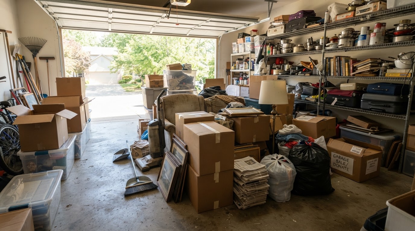 Garage cleanout scene showing stacked boxes, shelving contents, and bulky unwanted household materials near New Ross, Indiana
