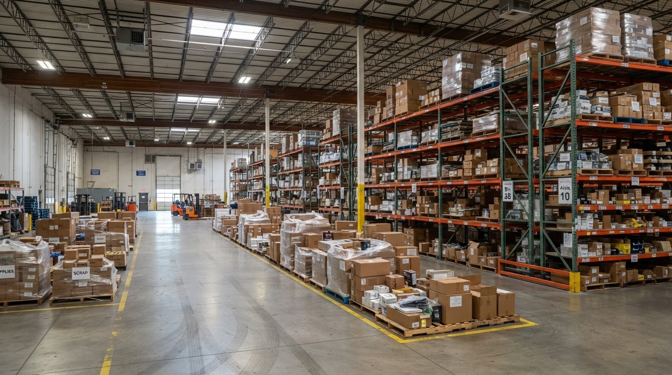 Warehouse interior with palletized materials, storage racks and unwanted nonhazardous business contents awaiting a commercial cleanout near Frankfort
