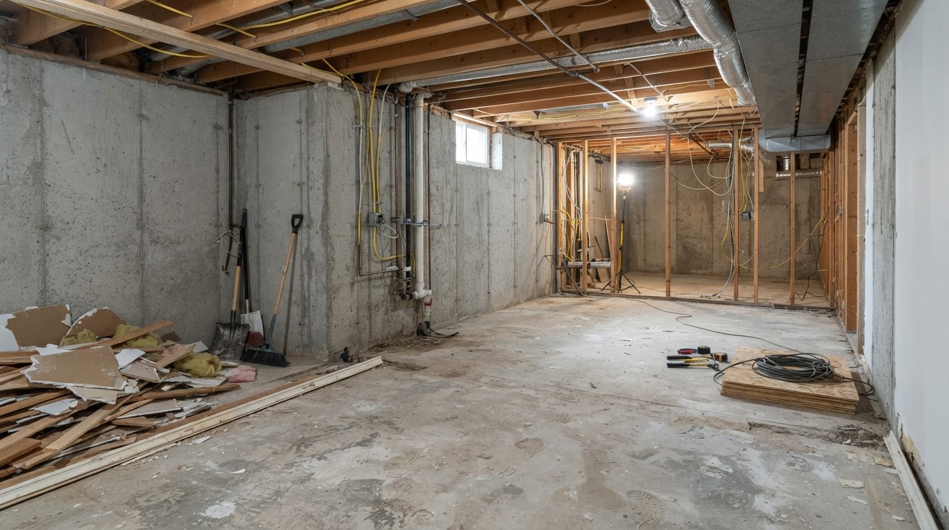 Basement renovation gut-out showing removed interior finishes, exposed concrete walls, and stripped flooring in a Frankfort, Indiana home
