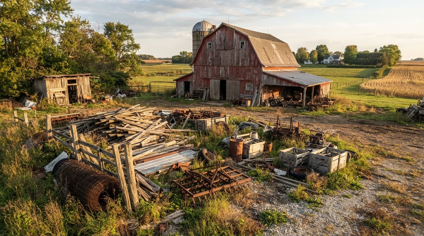 Rural Indiana farmstead with accumulated stored materials, old fencing, and weathered outbuildings awaiting a property cleanout near Frankfort