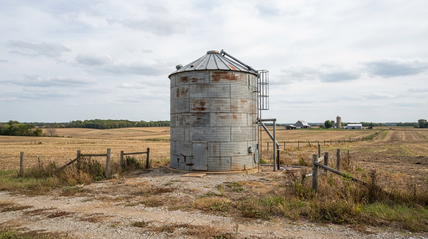 Corrugated steel grain bin on a rural Indiana farm property near Frankfort awaiting specialized removal and demolition assessment