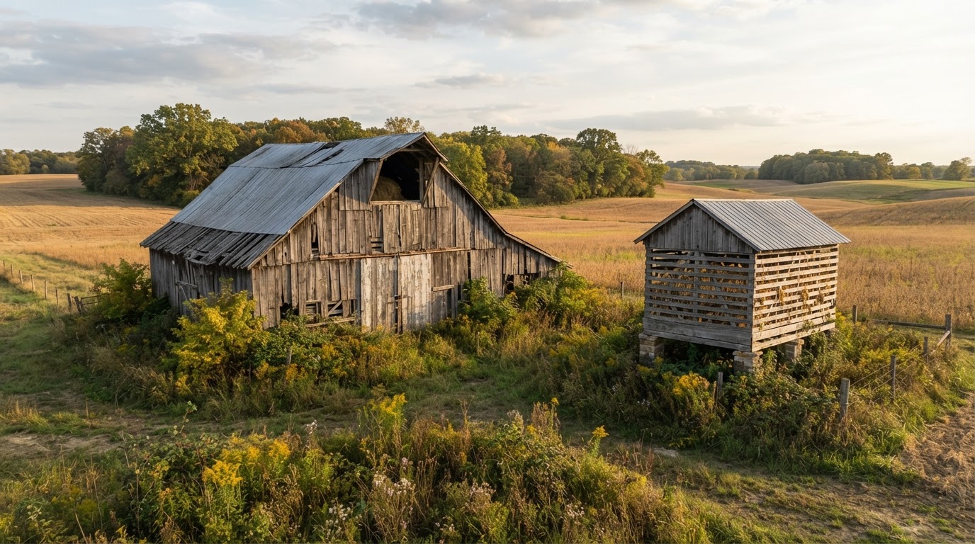 Weathered old wooden barn and traditional corn crib in a rural Indiana agricultural setting near Frankfort awaiting demolition assessment