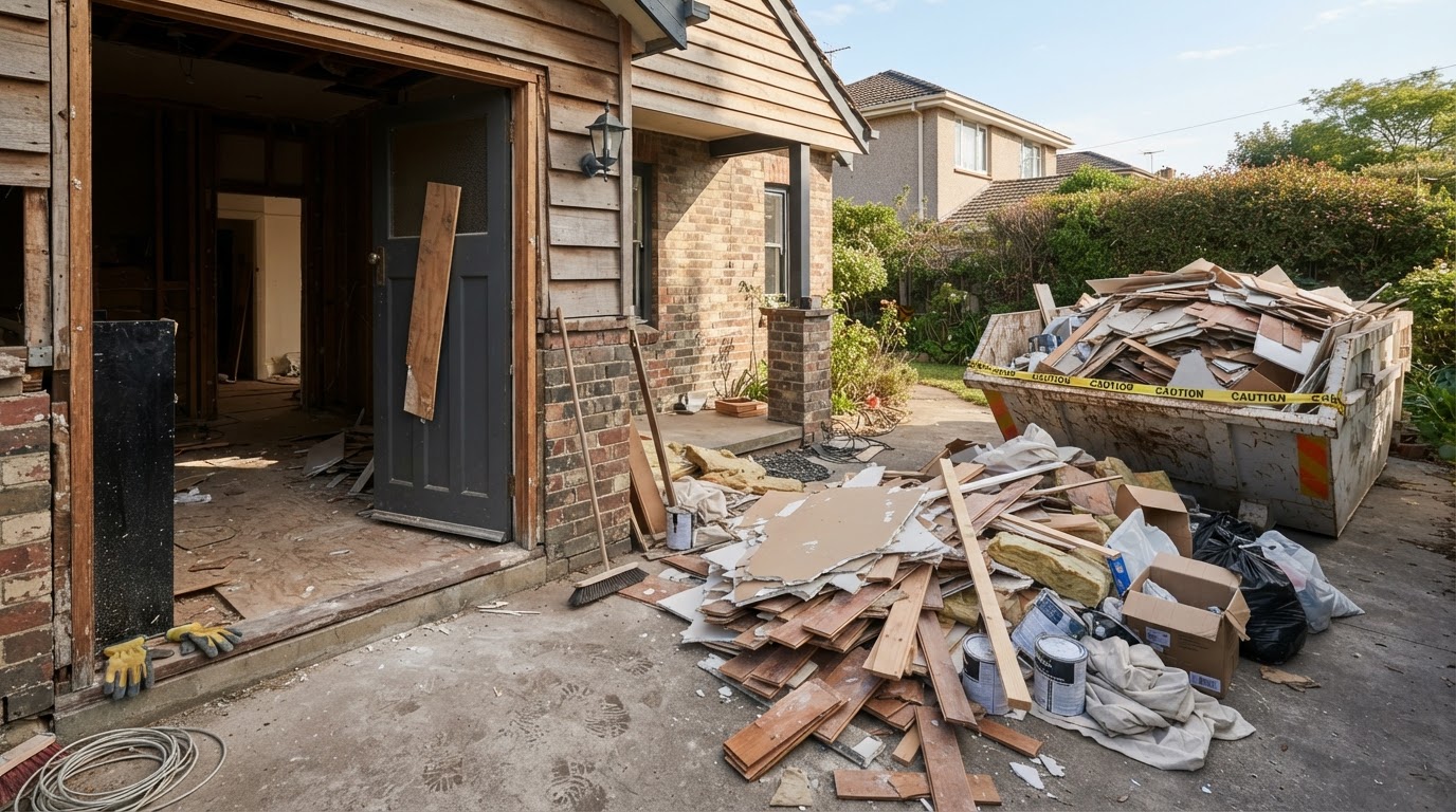 Residential renovation debris cleanup scene showing construction materials, drywall pieces, old flooring, and renovation waste staged near a home entry near Pittsboro, Indiana