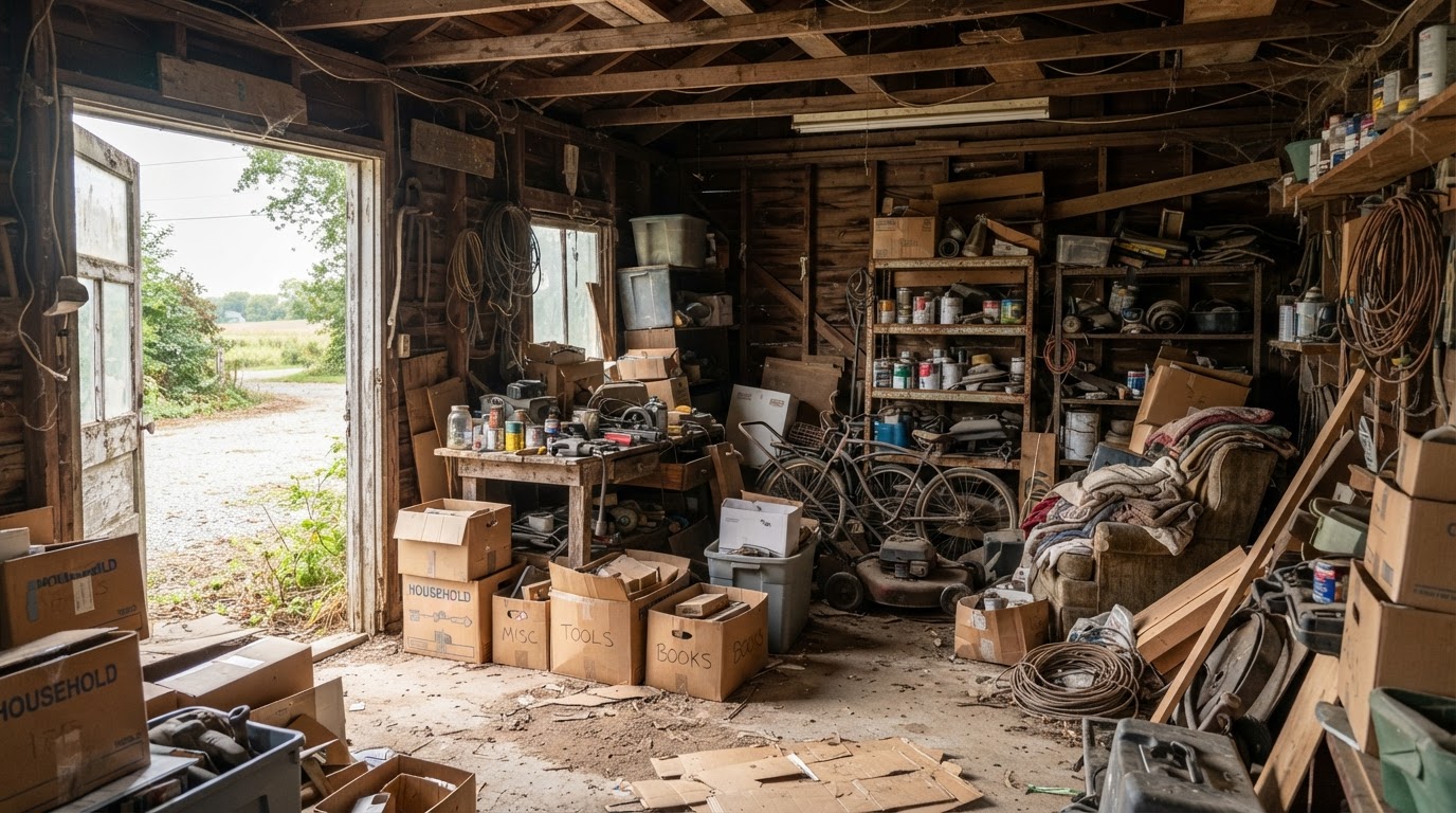 Detached garage or outbuilding cleanout scene showing old stored materials and household clutter near Wingate, Indiana