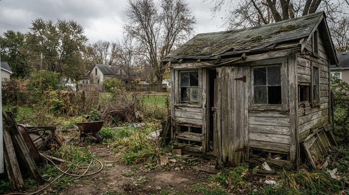 Rural residential property with a detached outbuilding and accumulated debris near Michigantown, Indiana