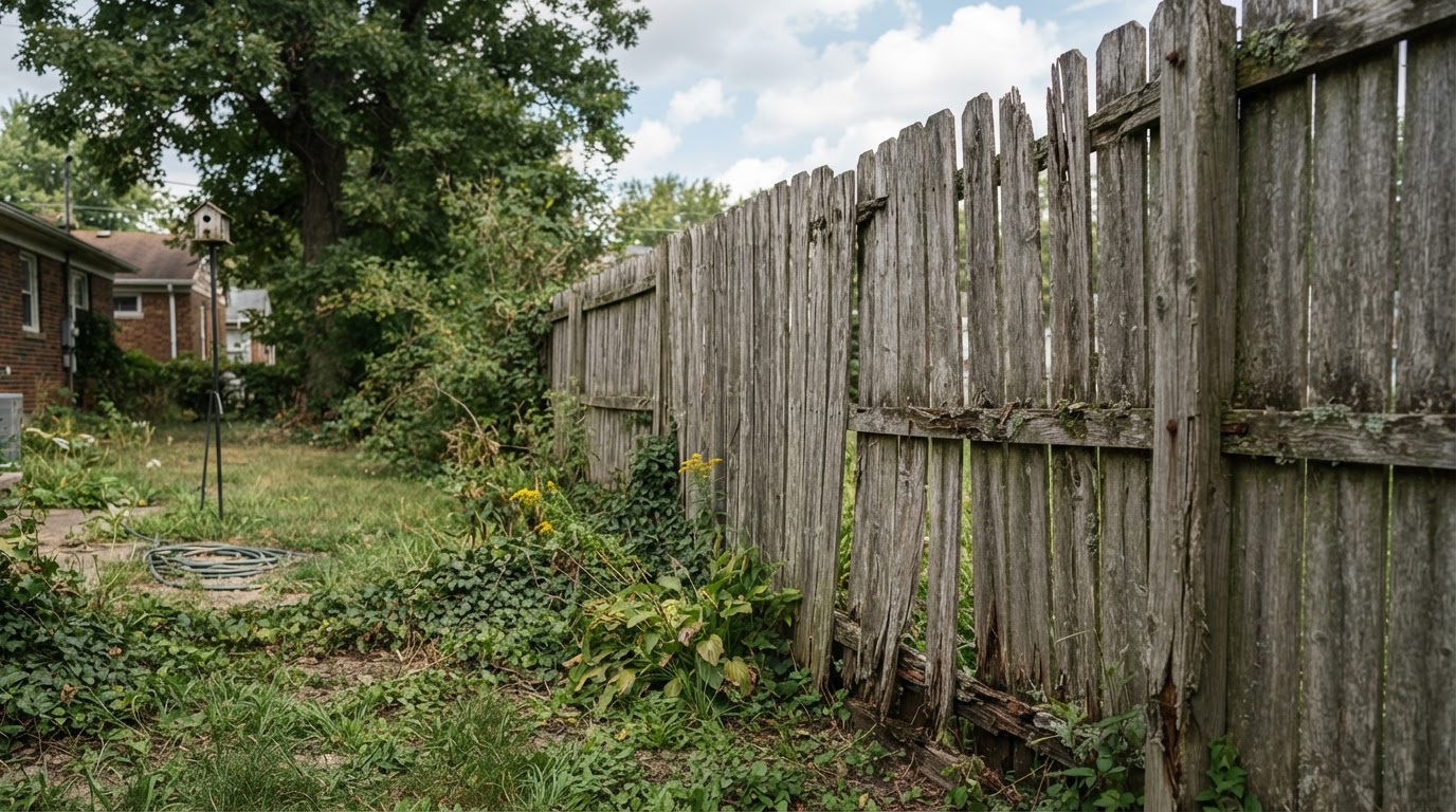 Aging residential wooden privacy fence along a property boundary, weathered and ready for removal at a Frankfort, Indiana property