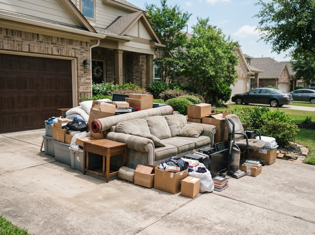 Residential interior with furniture and stored belongings staged for estate cleanout near Kirklin, Indiana