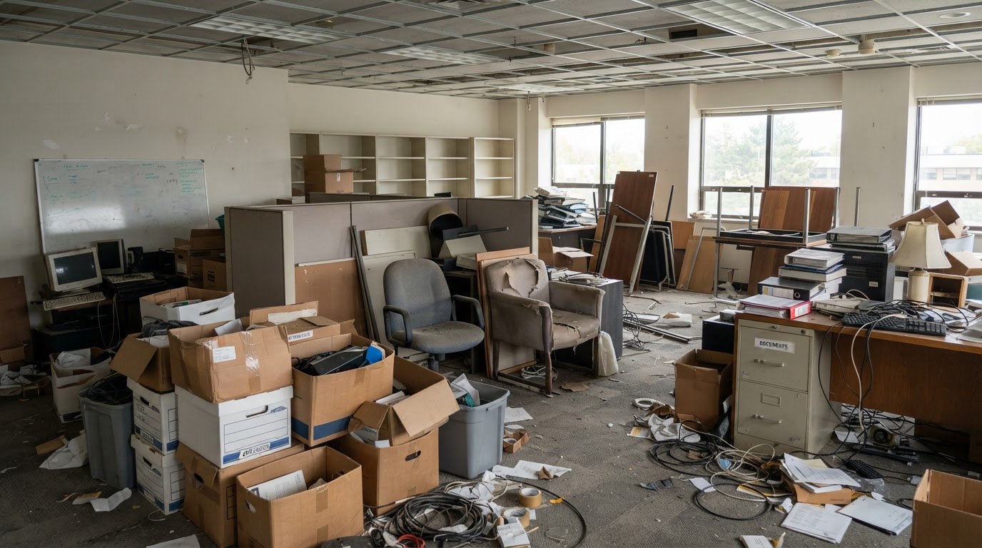 Office or commercial storage cleanout scene showing unwanted furnishings and nonhazardous business materials near Veedersburg, Indiana