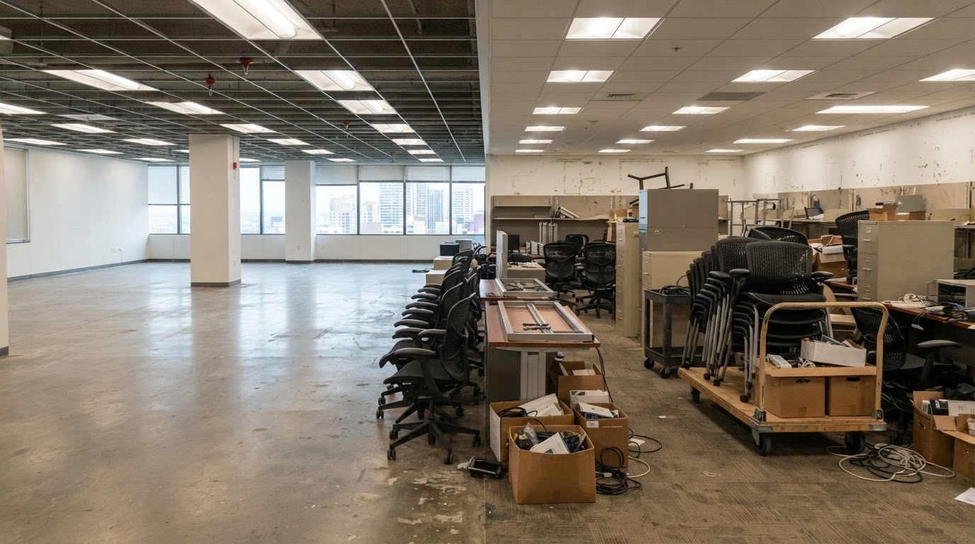 Commercial office cleanout scene showing office desks, chairs, filing cabinets, and business furniture being cleared from a commercial building interior near Brownsburg, Indiana