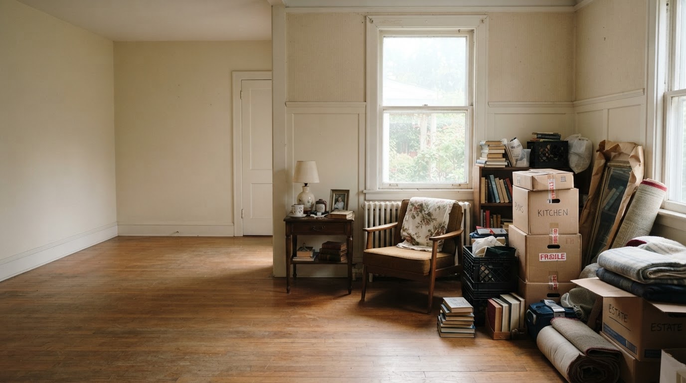 Residential estate cleanout scene showing inherited furniture, cardboard boxes, and household belongings in a modest older home interior near Jamestown, Indiana