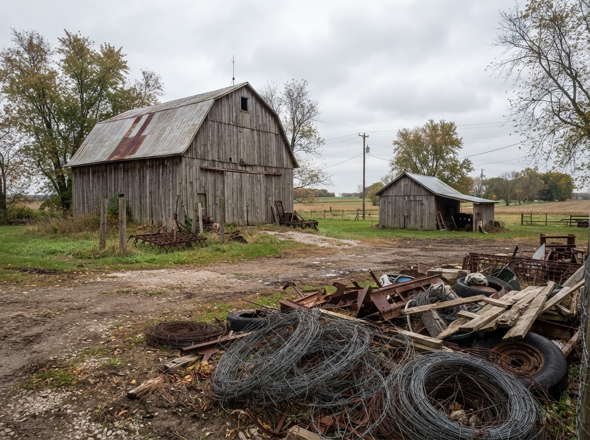Rural Indiana farmstead with old barn and outbuilding awaiting cleanout and debris removal near Frankfort