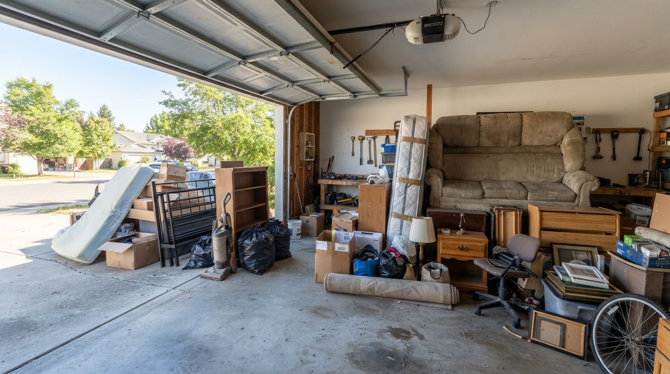 Residential garage cleanout scene showing bulky furniture pieces, a mattress, and accumulated household items staged in a two-car garage near Sheridan, Indiana