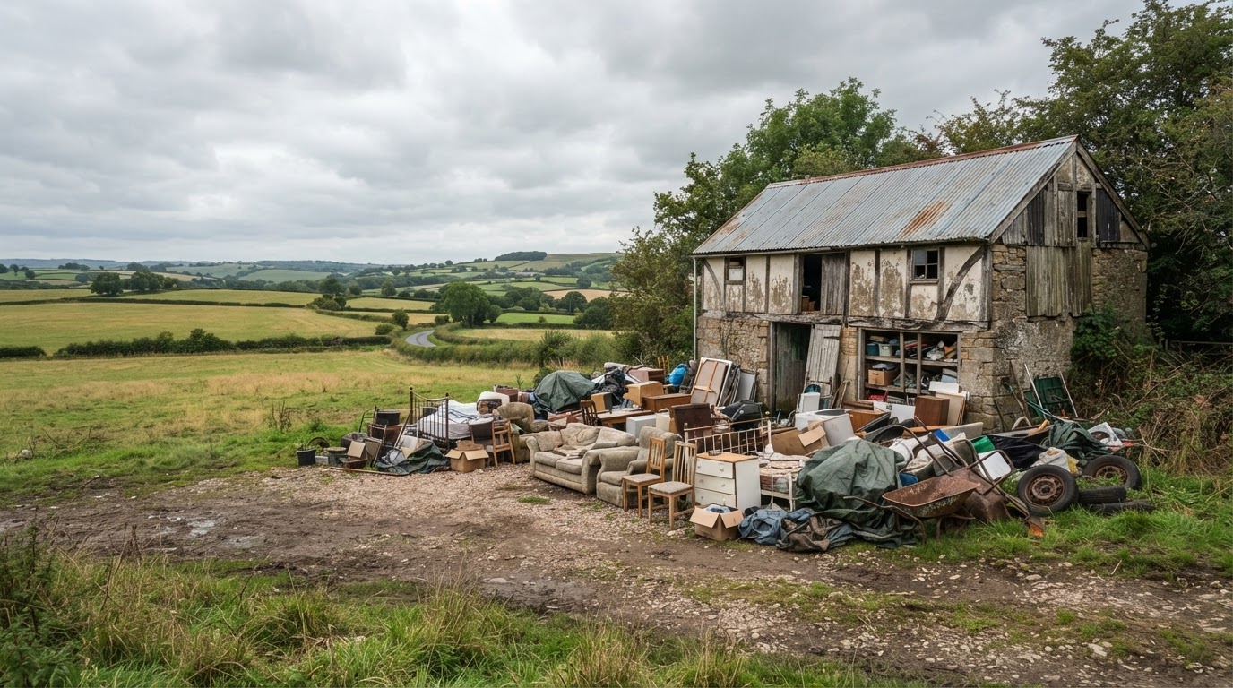 Rural residential property cleanout scene showing household furniture, stored belongings, and accumulated items near a weathered detached outbuilding in the countryside near Advance, Indiana