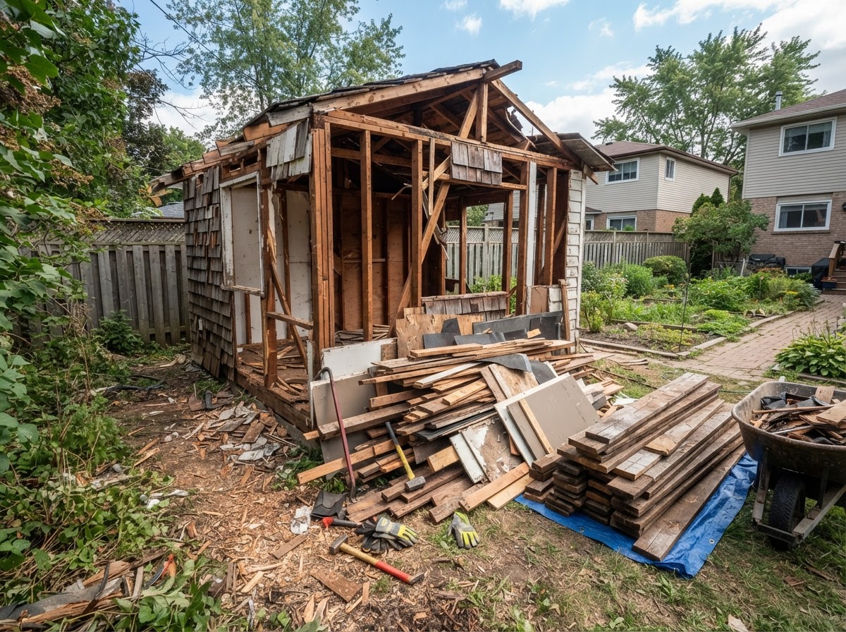 Small wooden backyard shed being demolished and torn down for removal in Frankfort