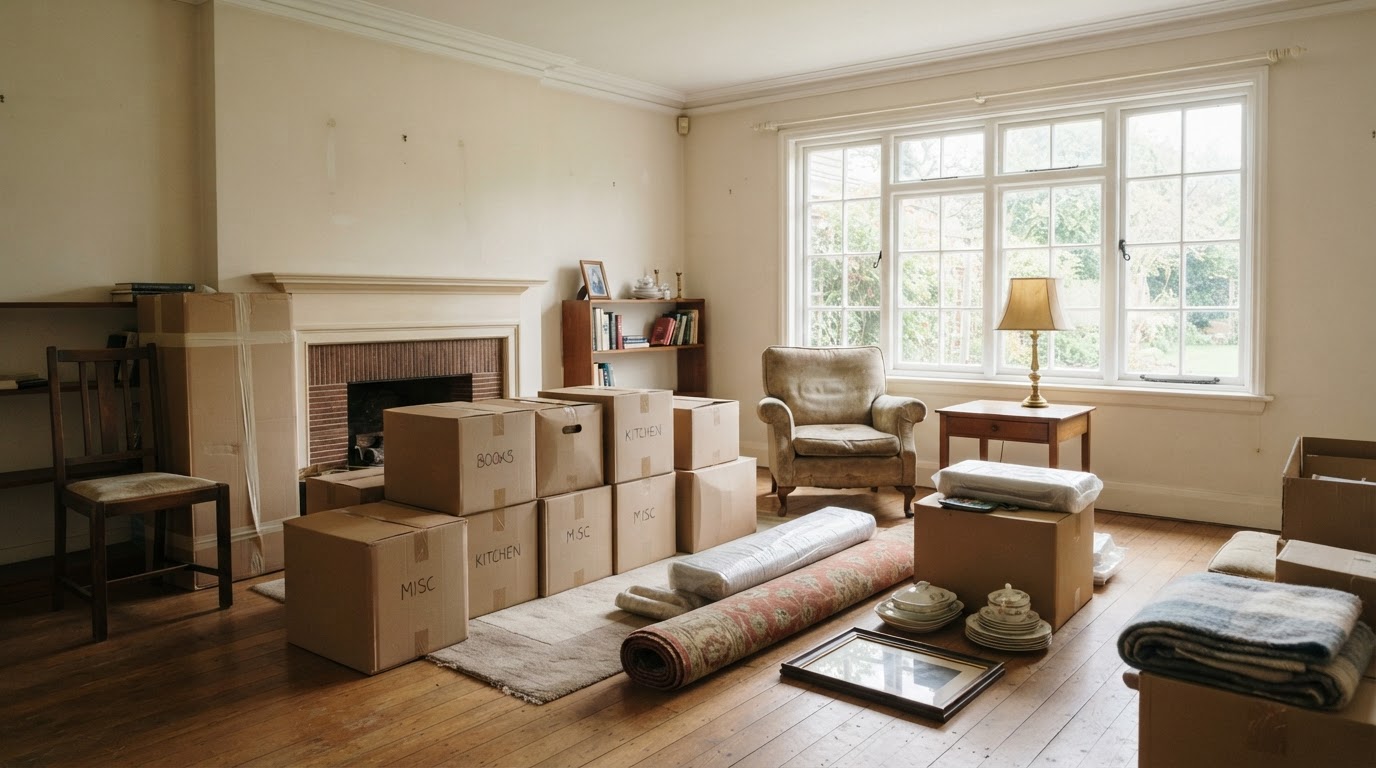 Tasteful residential estate cleanout scene showing furniture, boxes, and household belongings in a vacant property near Ladoga, Indiana
