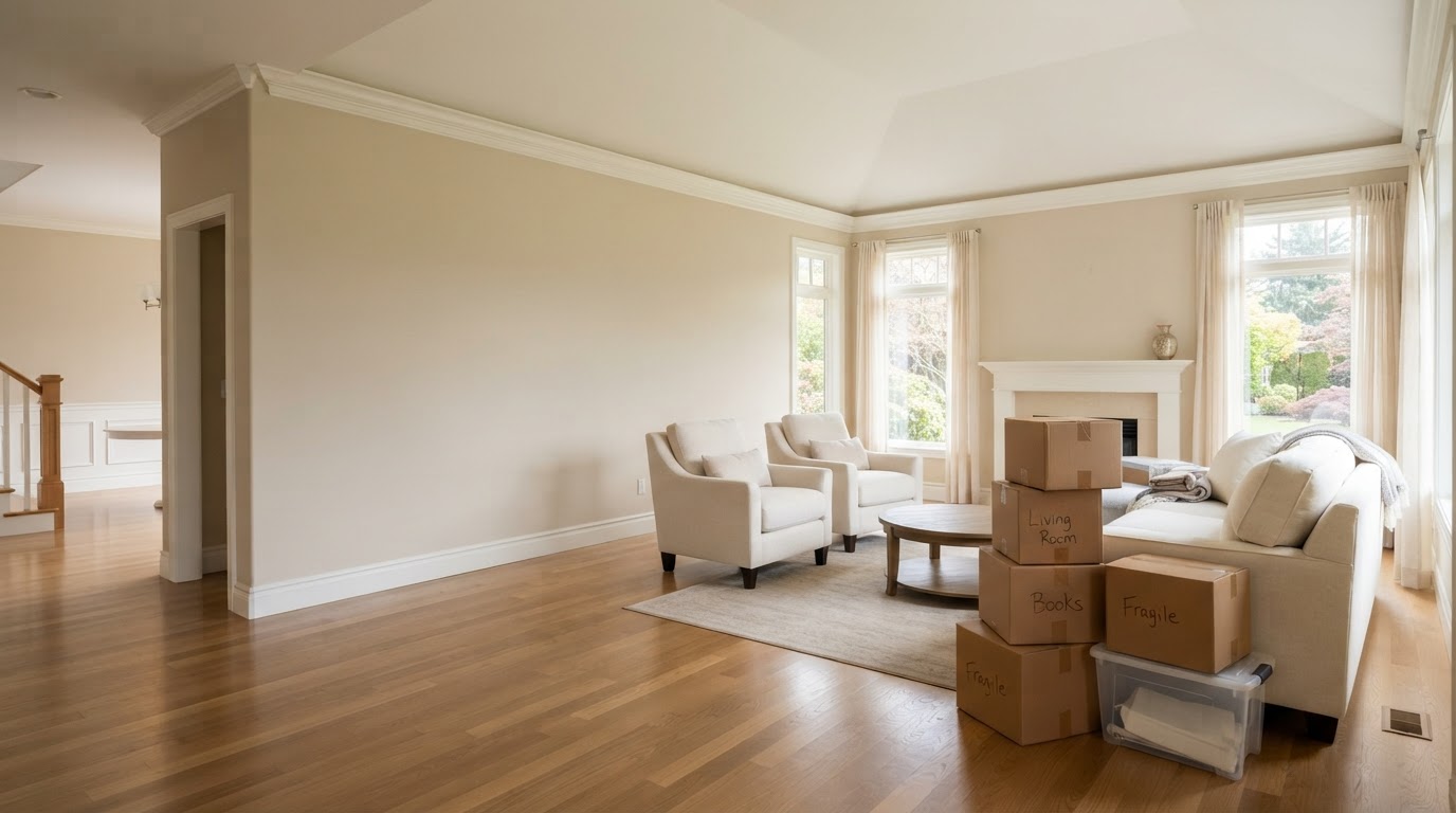 Residential furniture and estate cleanout scene showing a sofa, armchairs, and stacked moving boxes in a bright Zionsville, Indiana home interior