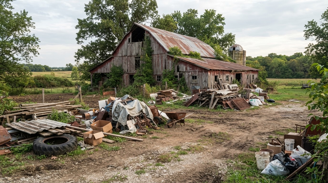 Rural residential or farmstead cleanup scene showing stored belongings, discarded materials, and a weathered agricultural outbuilding near Thorntown, Indiana