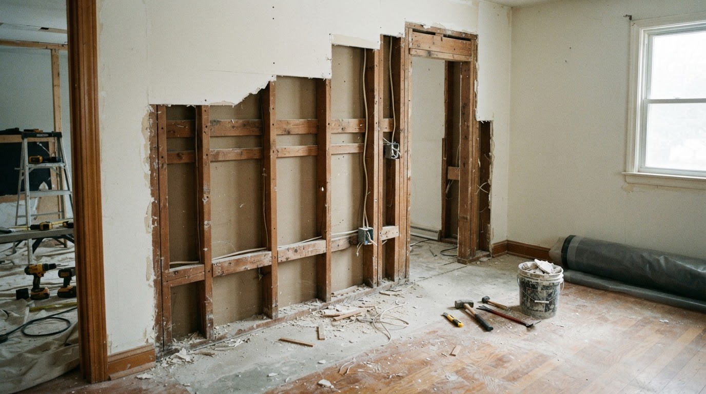 Interior renovation scene with removed drywall exposing wooden wall studs and nonstructural framing in a Frankfort, Indiana home
