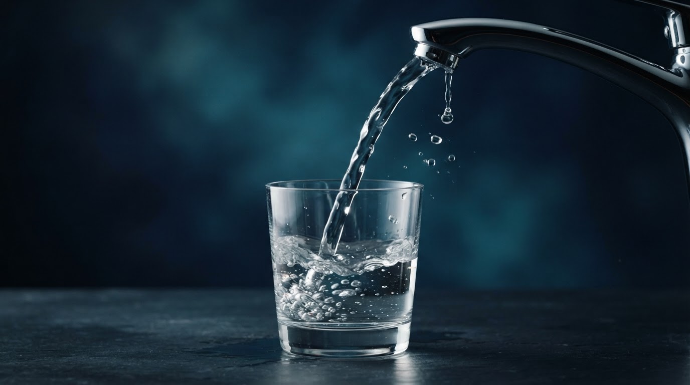 Crystal-clear water pouring into a glass, representing pure whole-home water treatment leads