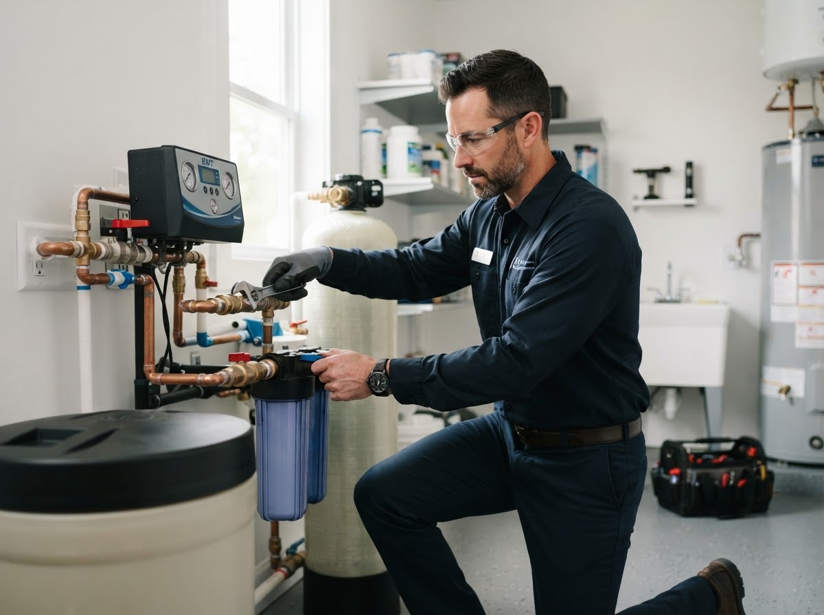 Professional water treatment technician inspecting a whole-home filtration and softening system