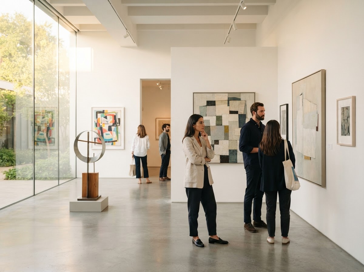 Besucher in einer hellen Kunstgalerie bei einer Ausstellung