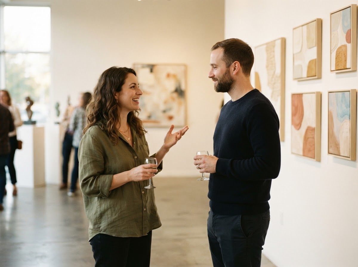 Zwei Personen im Gespräch bei einer Ausstellung in einer hellen Galerie mit Kunstwerken an der Wand