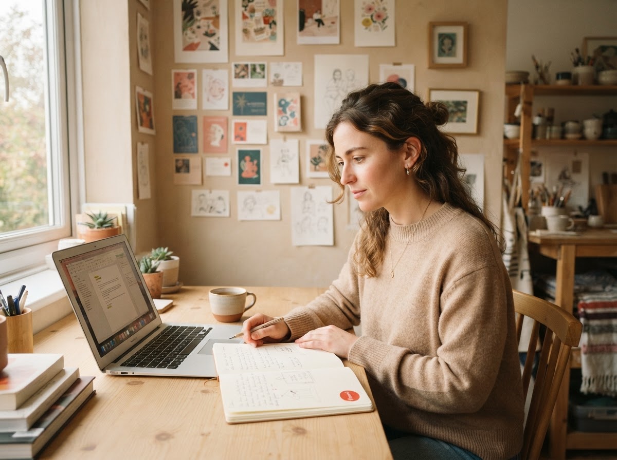 Person prüft Notizen und Laptop an einem hellen Schreibtisch in einem Kulturstudio