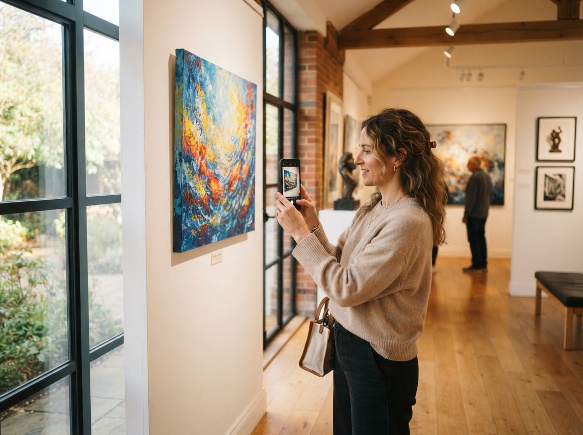 Person in einer hellen Galerie fotografiert ein Kunstwerk mit dem Smartphone für die Social-Media-Veröffentlichung