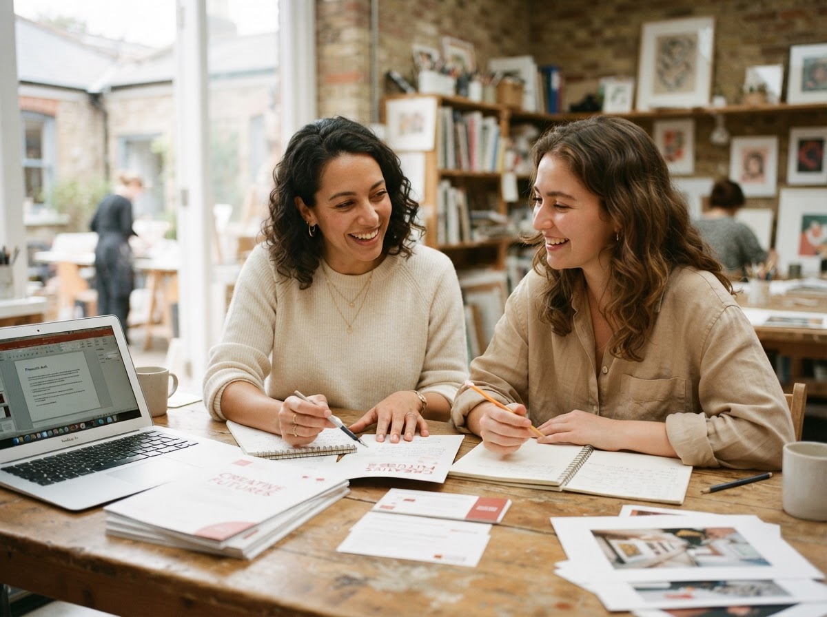 Zwei Personen besprechen in einem hellen Kulturhaus an einem Arbeitstisch mit Laptop, Programmheften und Notizen ein kommendes Vorhaben