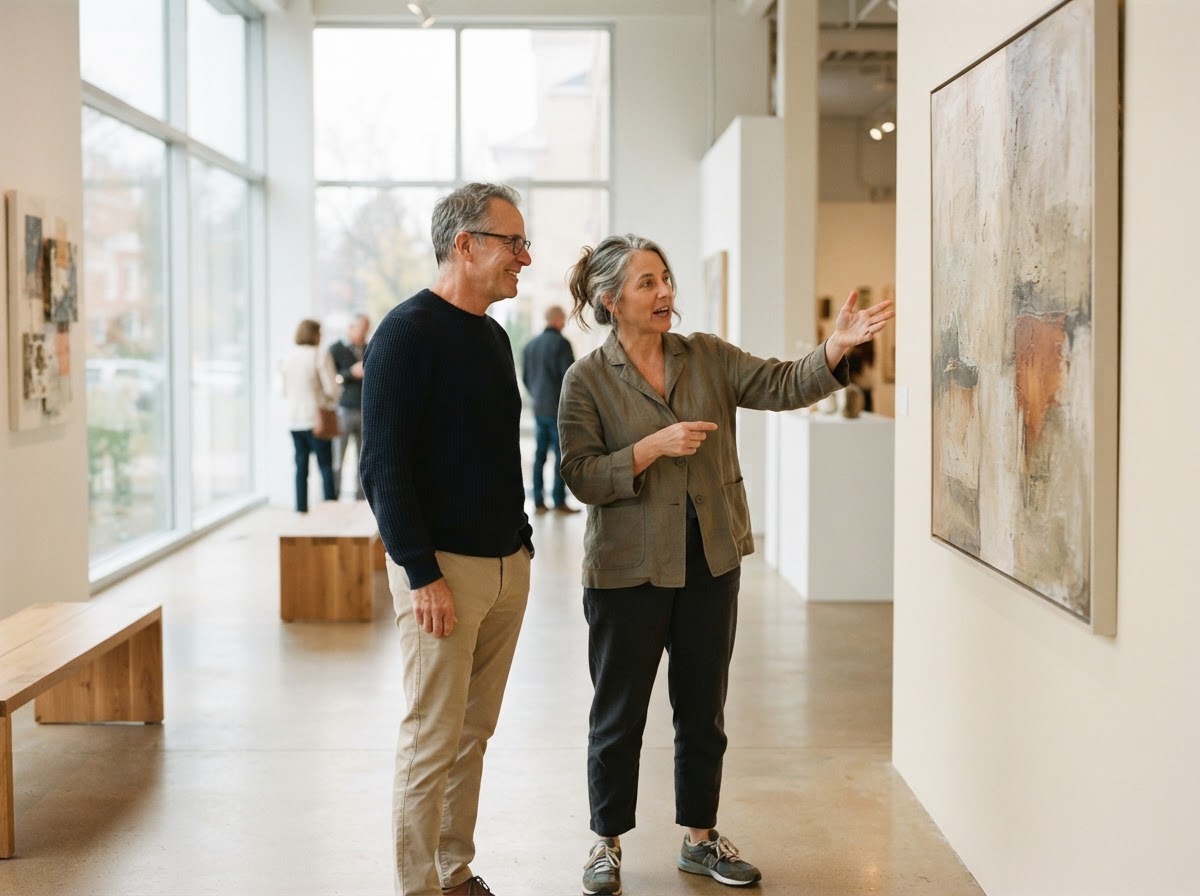 Zwei Personen im Gespräch in einer hellen Galerie mit Kunstwerken an der Wand