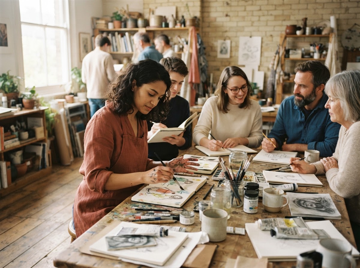 Lebendige Szene aus einem kreativen Workshop oder einer Probe in einem hellen Studio mit Arbeitsmaterialien