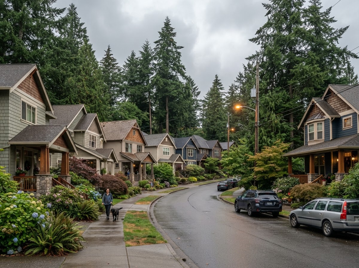 Pacific Northwest neighborhood street lined with craftsman homes and evergreen trees