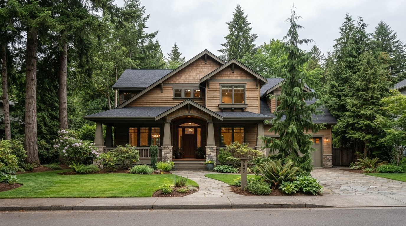 Pacific Northwest craftsman home with a well-maintained roof and siding under an overcast sky