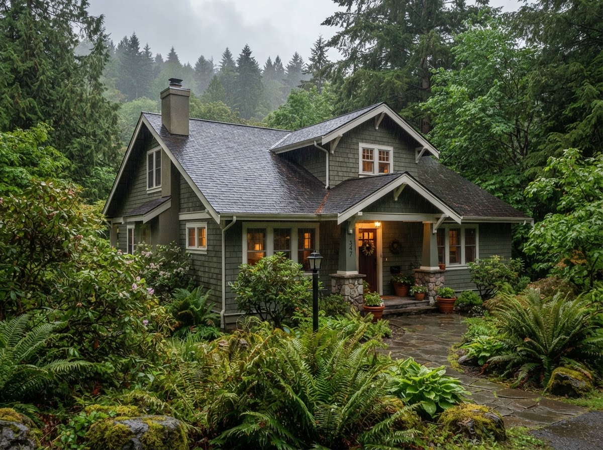 Pacific Northwest home under a moody overcast sky with light rain