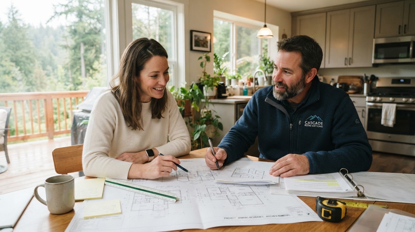Homeowner and contractor reviewing home project plans together at a table