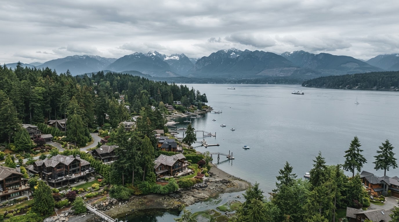 Wide view of the Puget Sound waterfront with homes and evergreen forests under an overcast sky