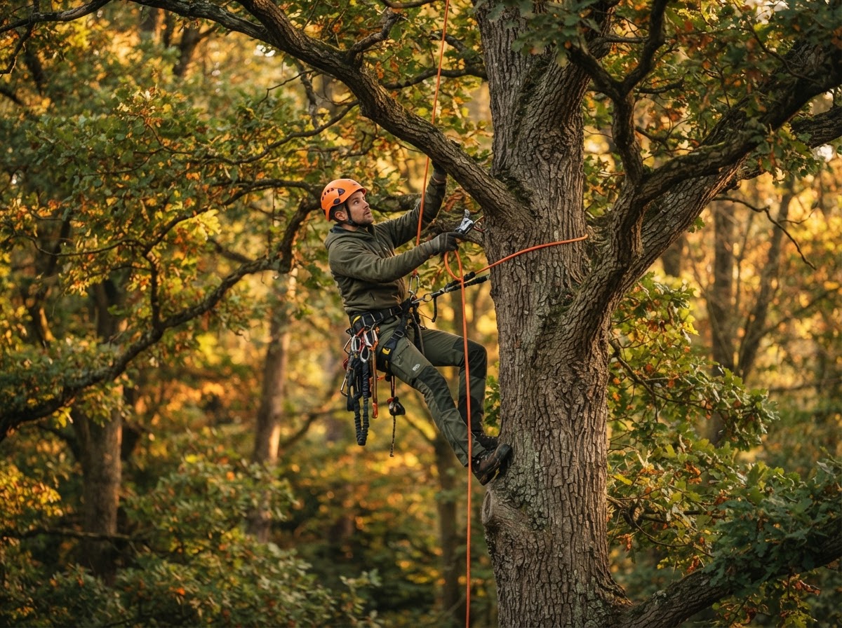 Certified arborist climbing a mature oak tree with ropes and safety gear