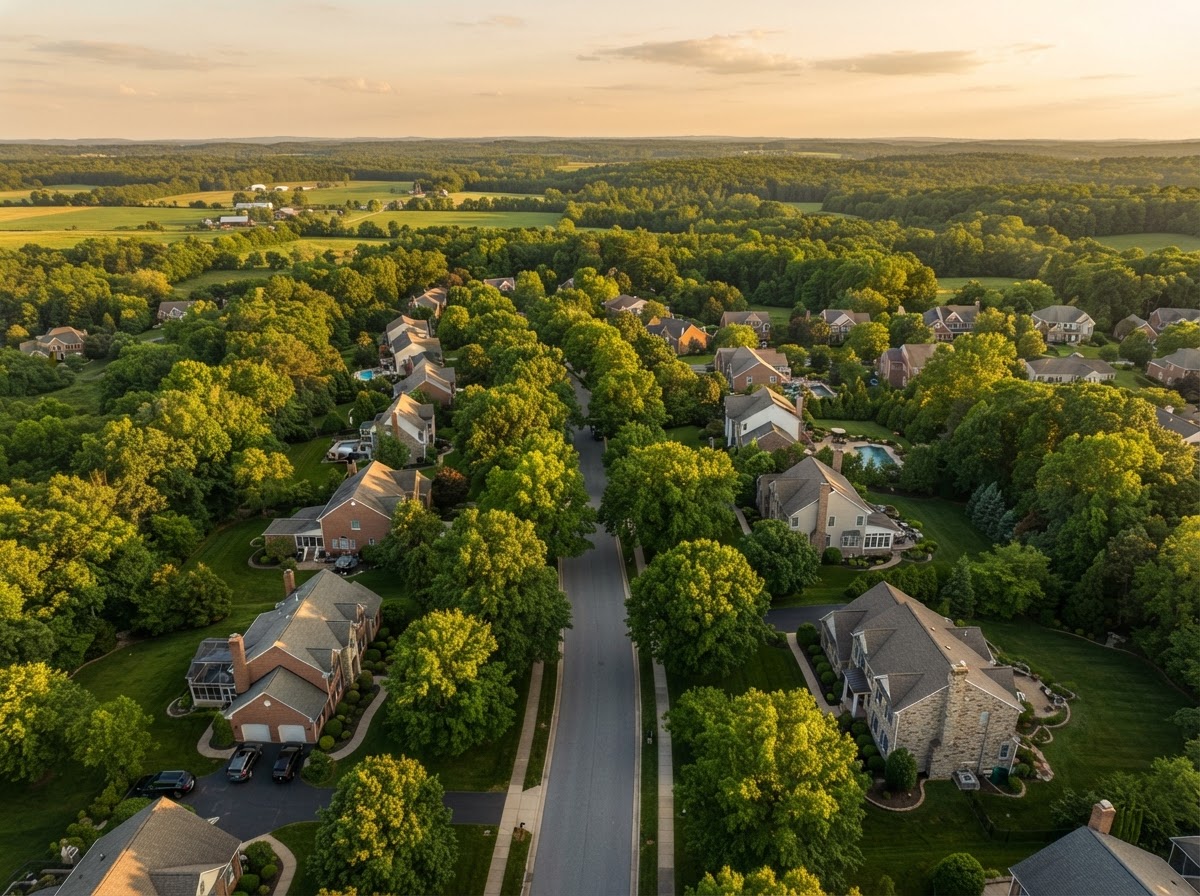 Aerial view of tree-lined Carroll County neighborhood